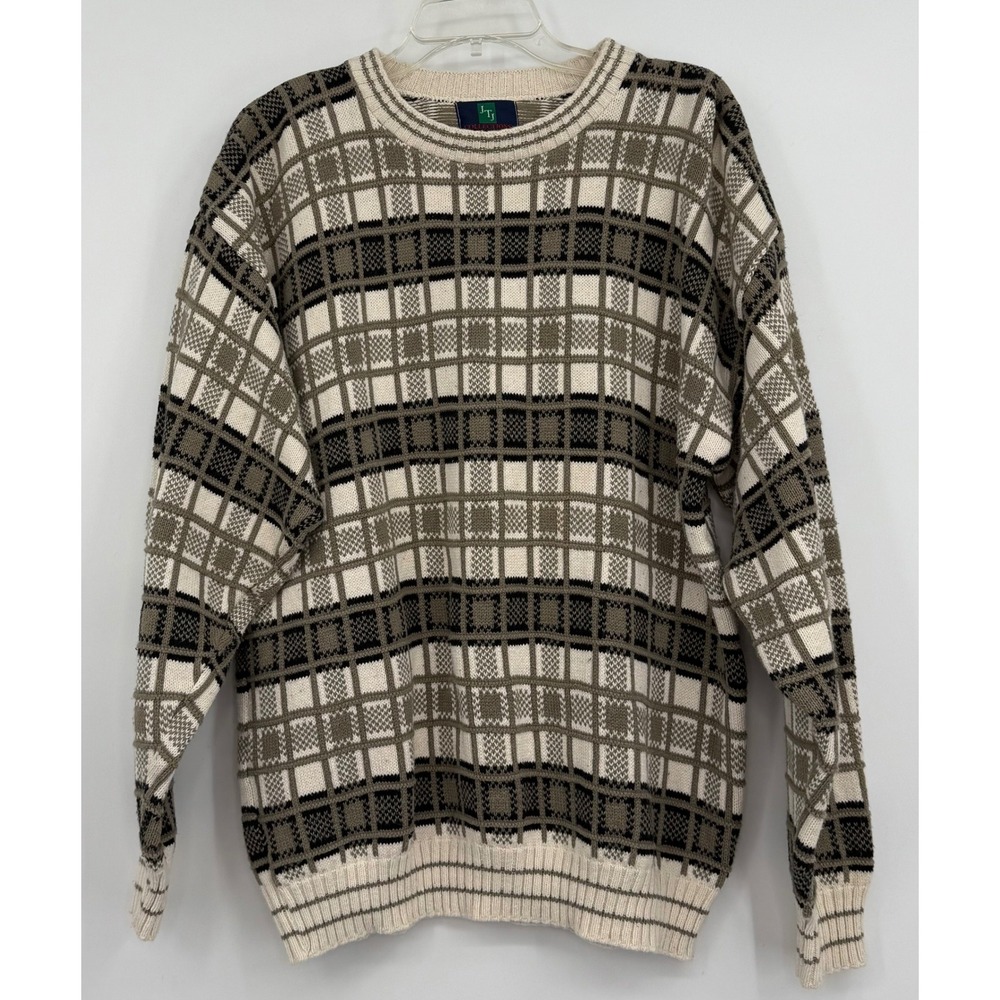 VTG 90's JTJ Collections Men's L Cotton Check Crew Neck Knit Sweater Grandpacore